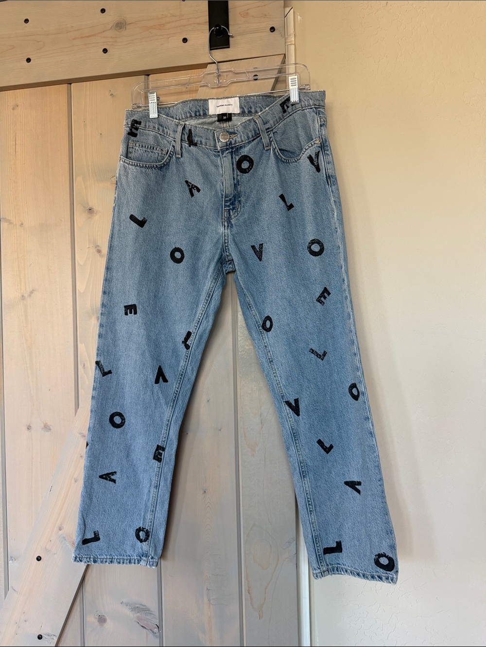 Current/Elliott Light Blue Denim Boyfriend Jeans with Black 'LOVE' Print